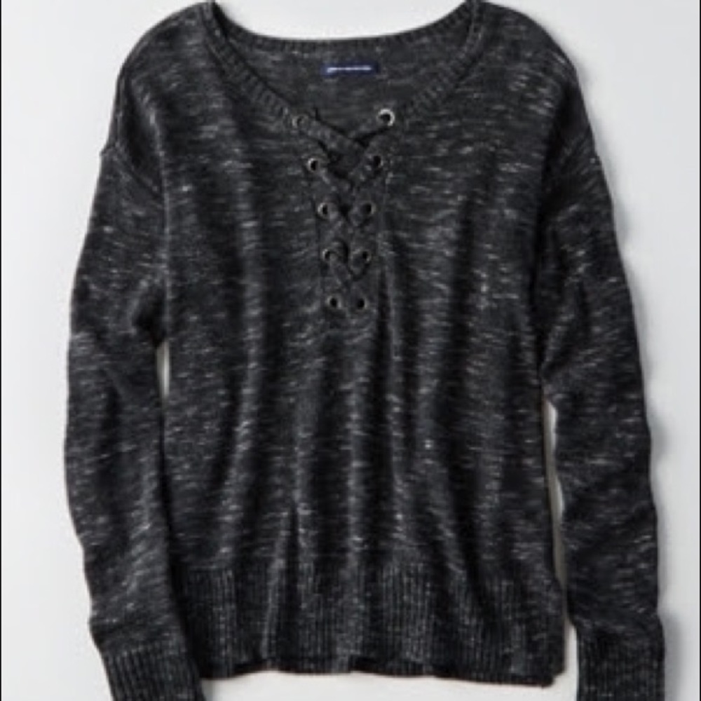 HEATHERED GRAY LACE UP/ FRONT TIE SWEATER